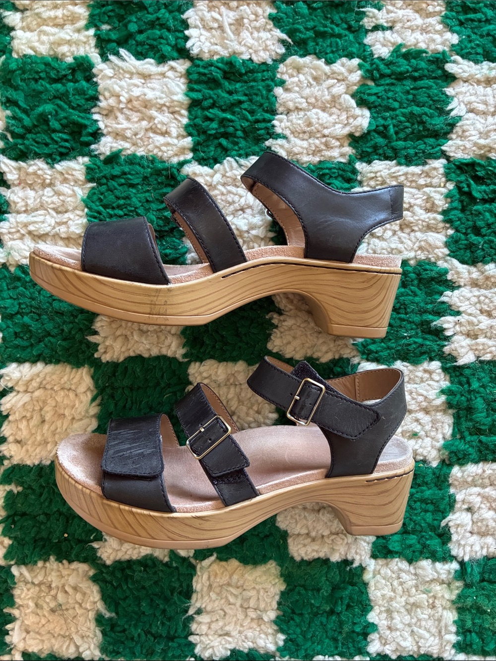 Dansko Women's Black Platform Sandals with Wood-Effect Heel